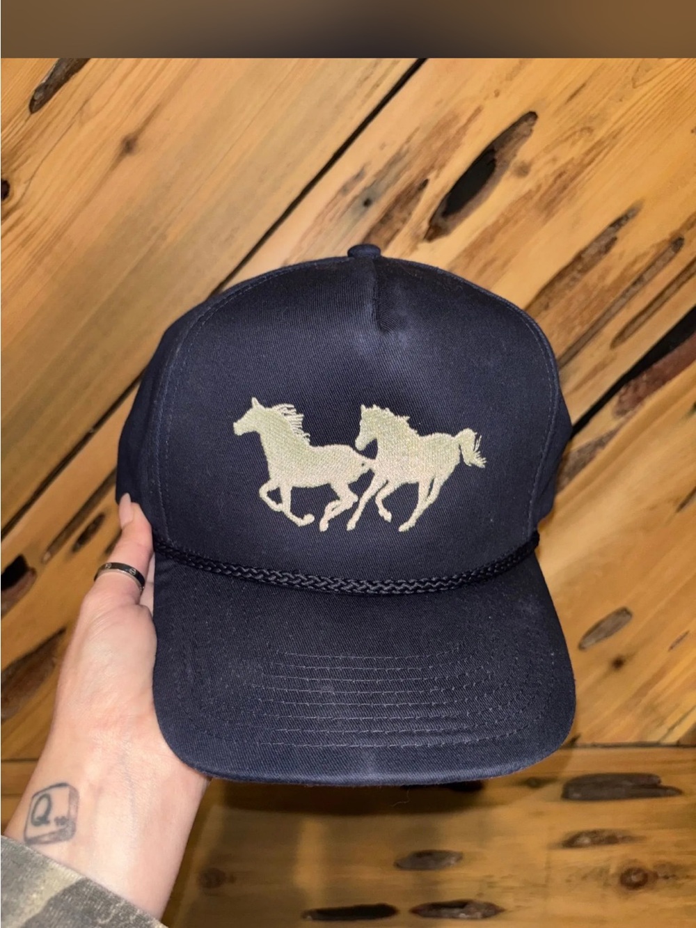 Navy Trucker Hat with Cream Horse Embroidery